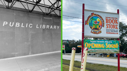 Images of two businesses are shown side by side. On the left, an exterior shot of Lakeland Public Library, and on the right, a shot of the sign for BookaReaderville. They are separated by a green divider line.