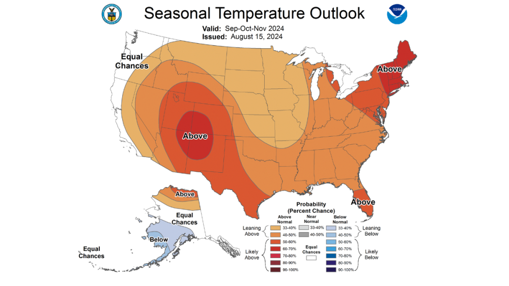 A map that shows seasonal temperature outlooks across the US for fall 2024. The map is different tones of orange, indicating above normal temps across the United States.