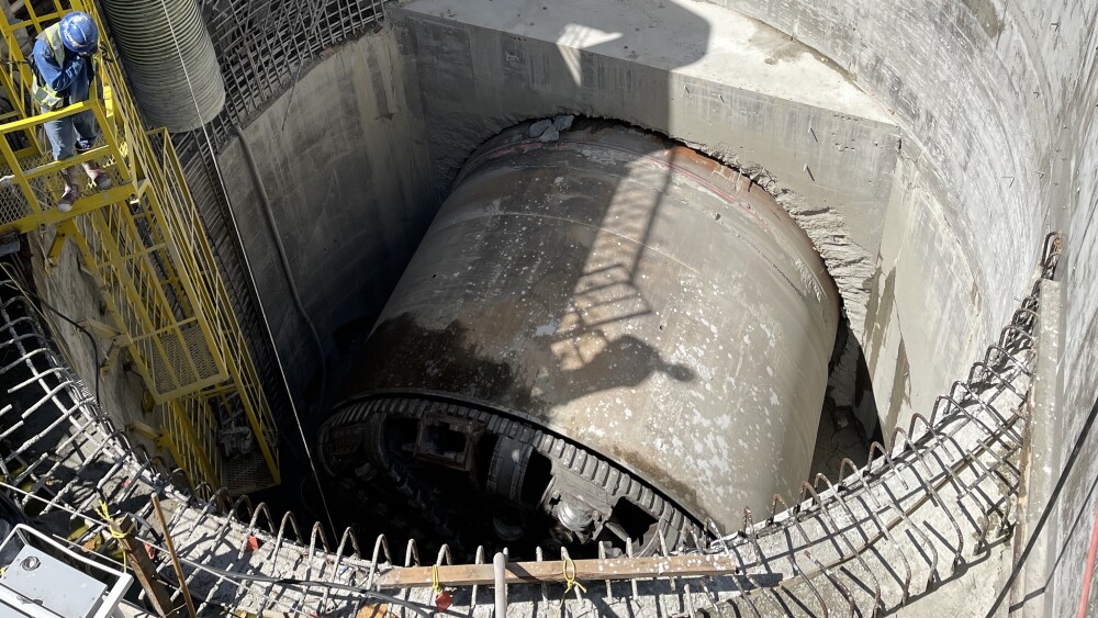 A view of MudHoney, a giant steel boring machine that emerged into a concrete shaft in Seattle, WA