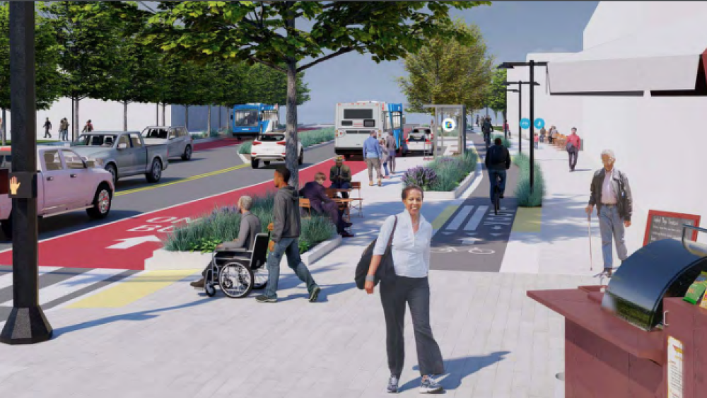A rendering featuring bus lanes, bikes lanes, and pedestrian walkways on a busy street.