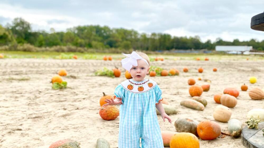 Little girl standing in a pumpkin patch.