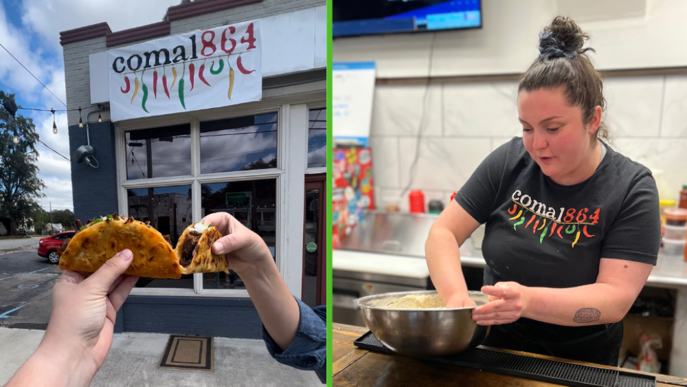 Two birria quesitacos outside of Comal 864 and Chef Dayna making tortillas.