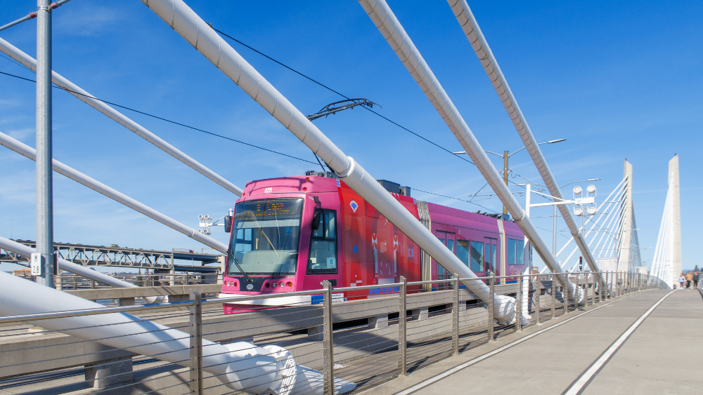The Portland Streetcar crosses the Tilikum Crossing Bridge.
