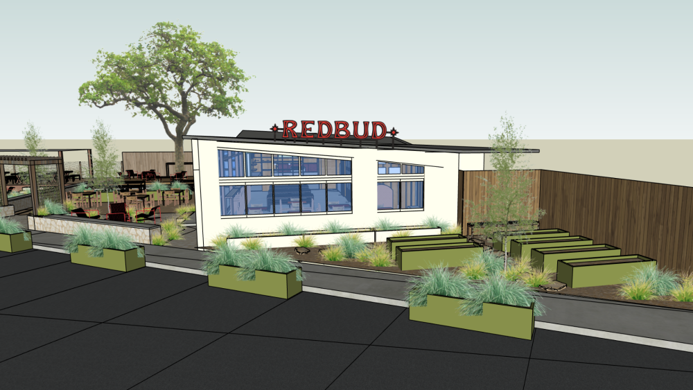 A rendering of the new Redbud location, as a modern-looking white building with large glass windows. Above, "Redbud" is in large red letters.