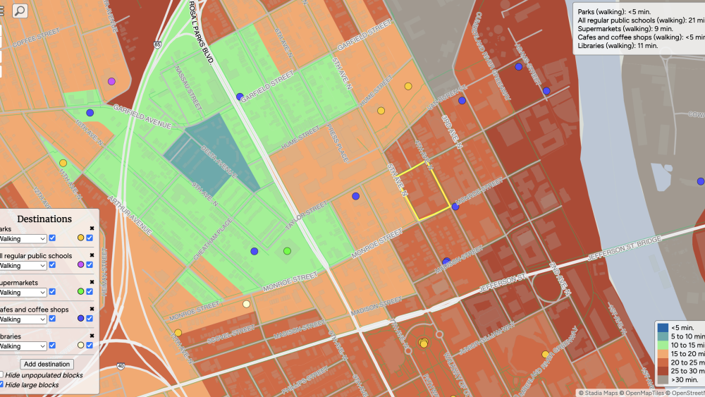 A map of a part of Nashville, with one small block outlined in yellow. In three of the four corners is a map legend describing what the map says.